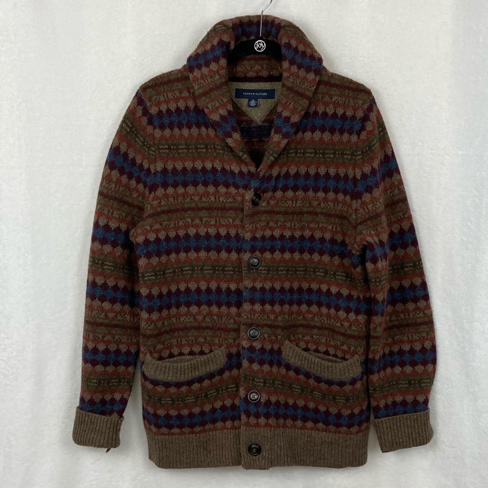 Tommy Hilfiger Men’s 100% Lambswool Fair Isle High Collar Button Cardigan sz M